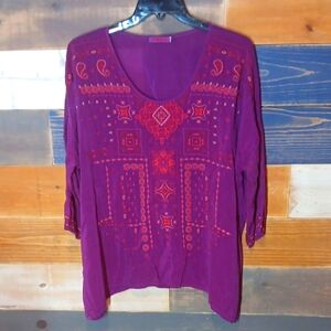 Johnny Was Purple Embellished 3/4 Sleeve Blouse M